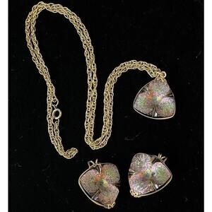 Antique Flower Iridescent Art Glass Clip-On Earrings & Necklace Set Gold